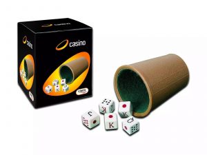 CUBILETE FORRADO Y 5 DADOS POKER 16 MM